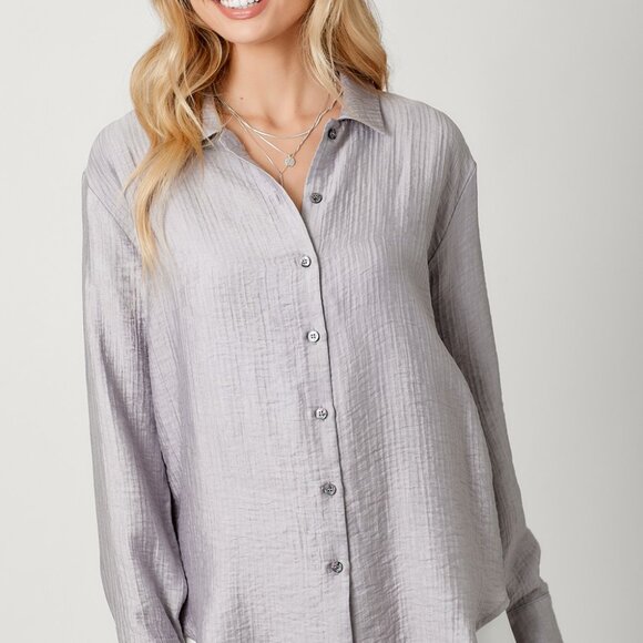 MYSTREE Light Purple Textured Button-Up Blouse, Long Sleeve Collared Shirt - Picture 2 of 5